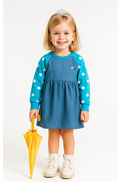 Overdo Uzun Kollu Puantiyeli Kız Çocuk Kot Elbise / Jile