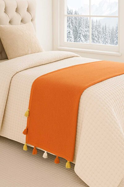 home otanticca Püsküllü Çift Kişilik Pike Yatak Örtüsü Oranǰ (Turuncu)