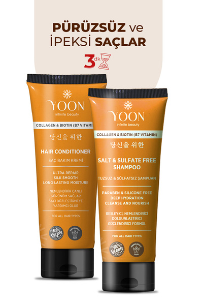 YOON Vegan Tuzsuz Şampuan 250ml & Saç Bakım Kremi 200ml Sülfatsız, Kolajen, B...