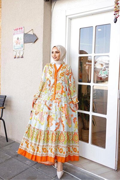 MODAJİN DADALİ VİSKON BOHEM STİL ELBİSE ORANJ