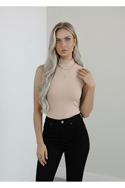 hashtag Kadın Sıfır Kol Kolsuz Body VİSKON Boğazlı Body Bej
