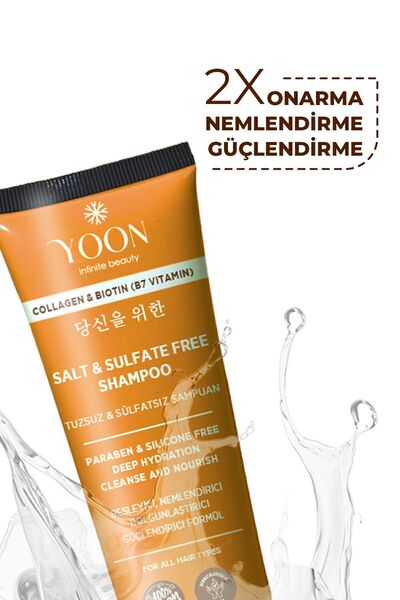 YOON Vegan Tuzsuz Şampuan 250ml & Saç Bakım Kremi 200ml Sülfatsız, Kolajen, Biotinli 2'li Şampuan Ve Krem