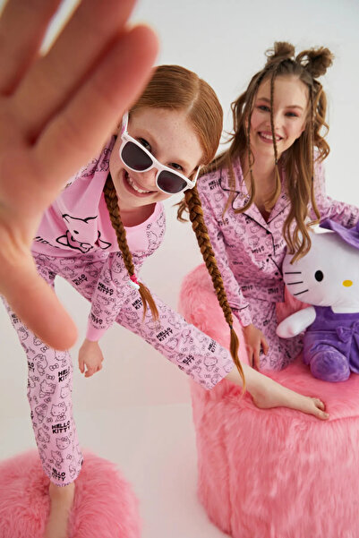 Hello Kitty Kız Çocuk Pembe Kız Uzun Kol Pamuklu Pijama Takımı