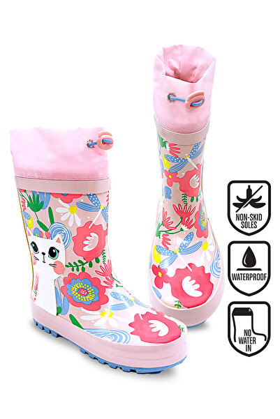 Denokids Kedi Çiçekli Kız Çocuk Pembe Yağmur Botu