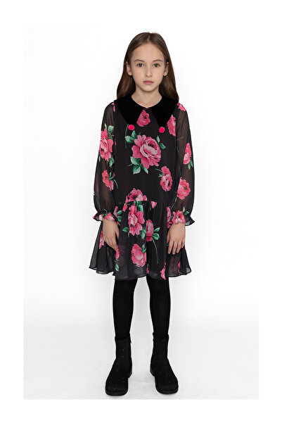 SheShe Gül Desenli Şifon Kız Çocuk Elbise