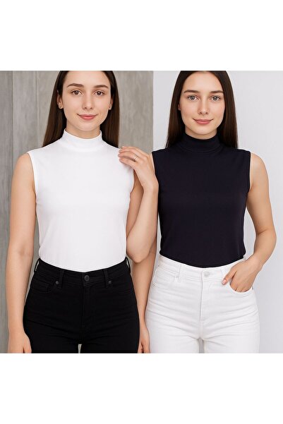 hashtag Kadın 2'li Sıfır Kol Kolsuz Body Boğazlı VİSKON Badi 2 Adet Balıkçı Siyah - Beyaz