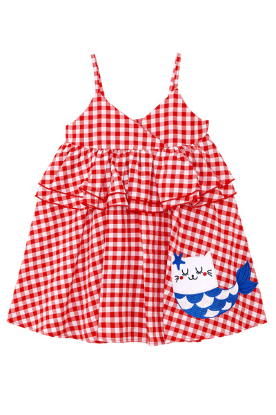 Denokids Kedi Kız Çocuk Kırmızı Ekose Fırfırlı Askılı Elbise