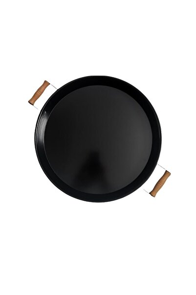 morponi 37cm Black Metal Tray with Wooden Handles Round Tray Tea Presentation Tray