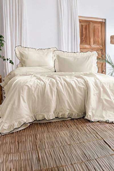MOON SECRET Double Duvet Cover Set 100% Cotton Ornamental Overlock Frilly