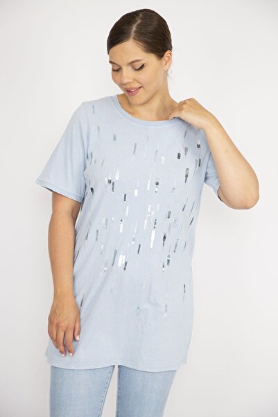 Şans Γυναικεία μπλούζα με γιακά ποδηλάτου με κεντητή πέτρα Baby Blue 65n36705