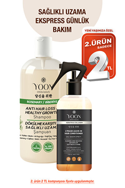 YOON 2'li Vegan Saç Spreyi & Biberiye Şampuanı, 7 Doğal Aktif, Keratin ve Kolajen İçeren, Saç Bakım Seti