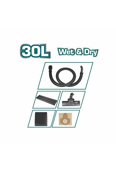 TOTAL 30L Vacuum Cleaner Metal Drum Wet & Dry 1300W, 1.8 M Cable, Accessories