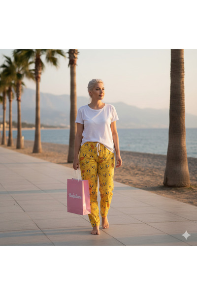 FASON TASARIM BUKADINCA Sarı Kumaş Üzerinde tweety Kuş Desenli Pijama Tek Alt