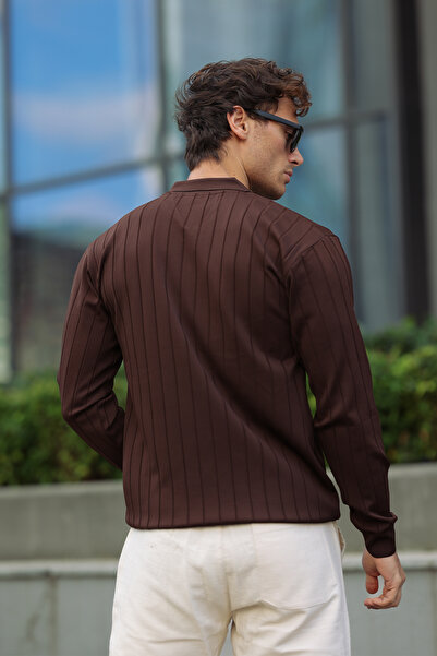 aziso Καφέ ανδρικό πλεκτό πουλόβερ με μισό φερμουάρ με λαιμόκοψη πόλο