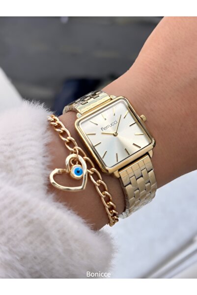 Ferrucci مجموعة جديدة، علبة مربعة، سوار فولاذي، سوار ساعة نسائي ذهبي اللون