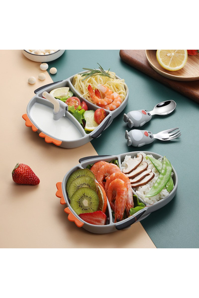 Toyska Set diversificare bebelusi din silicon, farfurie compartimentata in forma de Pinguin, gri