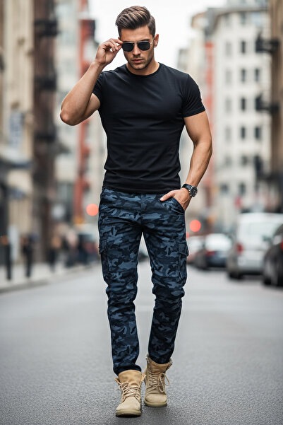 modacix Lacivert Askeri Erkek Kamuflaj Pantolon - Paçası Lastikli Likralı Askeri Pantolon - Erkek Pantolon