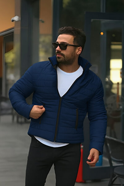 Gameyal Férfi sötétkék steppelt bélésű dupla zsebes kabát