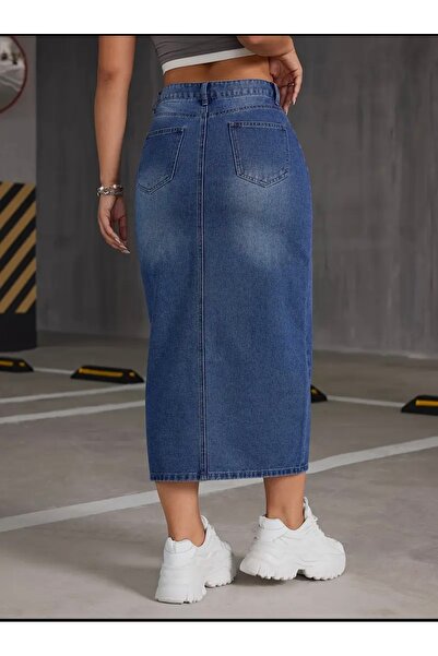 pass&pass 2100-etek Kadın Likralı Önden Yırtmaçlı Jeans Kot Denim Uzun Etek