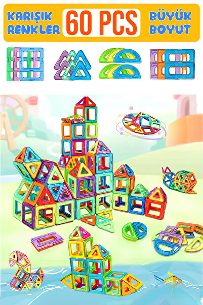 Ay&tel kids wear collections 60 Parça Manyetik Yapı Blokları - Renkli Eğitici Zeka Geliştirici Oyuncak Seti 3+