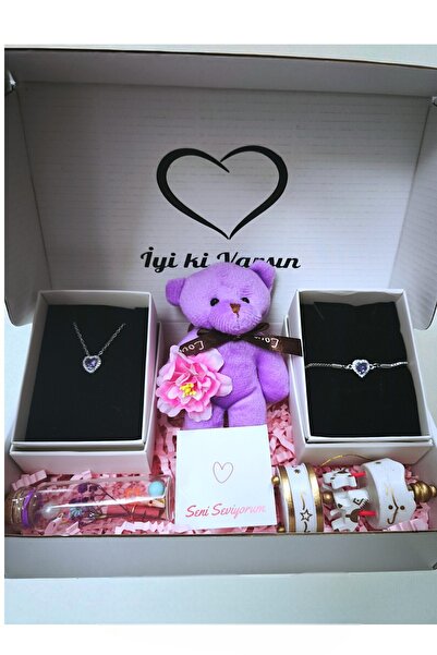 RAWEZON Mor Elit Hediye Set -Çelik Mor Kalp Kolye-Bileklik-Ayıcık Anahtarlık-Mini Atlı Karınca-Dilek Şişesi