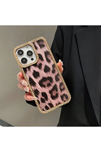KumOziShop Iphone 14-15 Plus Uyumlu Leopar Desenli Kenarları Taşlı Kılıf