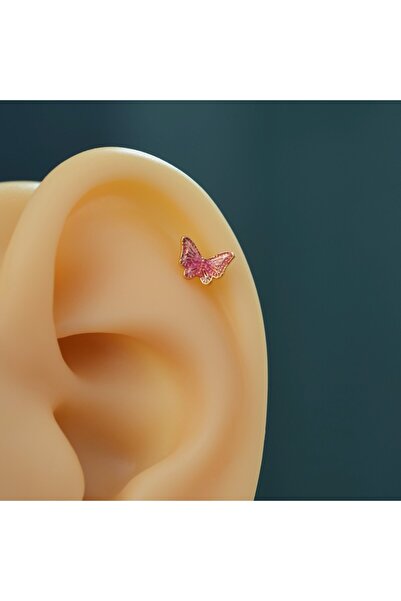 Heppii Pembe Kelebekli Çelik Piercing Helix Kıkırdak Conch Lob Gold