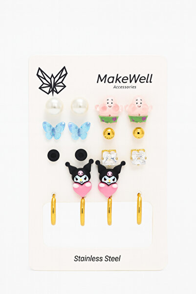 MakeWell 925 Ayar Gümüş İğneli Küpe Kuromili Kelebekli Çelik Yıldız Kalp İnci Top Tektaş Baget Taşlı Set