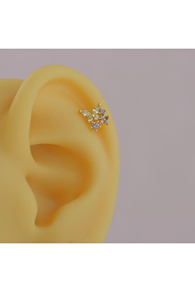 Heppii Mini Çiçekli ve Kelebekli Tragus Helix Piercing Kıkırdak Gold