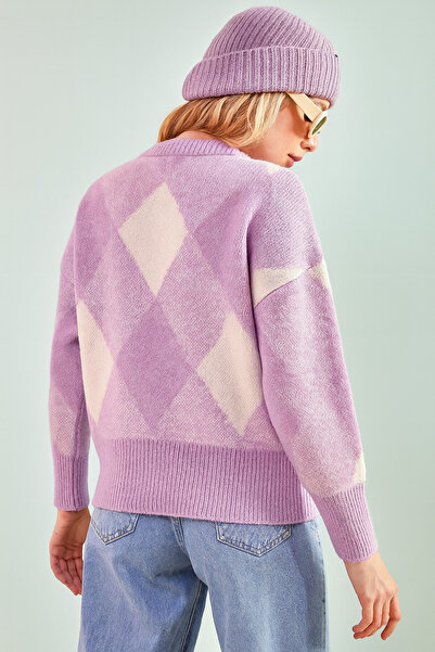 KURGAN TEKSTİL Kadın Kare Desenli Bisiklet Yaka Triko Kazak