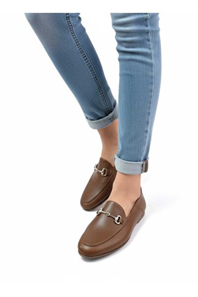 BARONES SHOES Kadın Kahverengi Gold Tokalı Hakiki Deri Loafer Ayakkabı