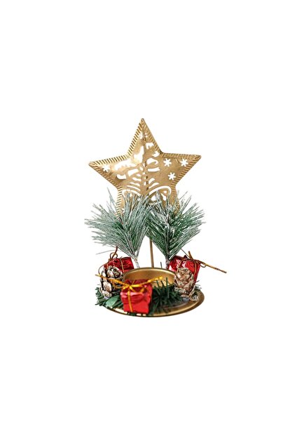Flippy Decorative Christmas Candle Holder - Star with Bells and Pine Sprigs, Gold, 13 x 8.3 cm