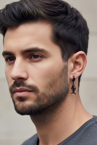 Lynare Sıkıştırmalı Deliksiz Trend Balık Figürlü Sallantılı Erkek Kadın Unisex Çelik Siyah Küpe 1 Adet