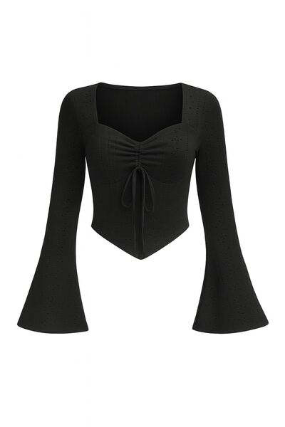 meren like your style Μαύρη δαντέλα με λεπτομέρεια μακρυμάνικη εποχική μπλούζα