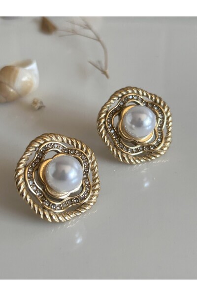 Butik أقراط لؤلؤية الشكل، إطار خماسي الشكل باللون الوردي، لون ذهبي - إغلاق لولبي