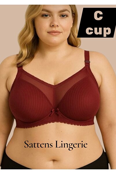 AYSEMİN TEKSTİL Sattens -Plus Size Push up Bra C Cup Burgundy Color Hollow Unbuttressed