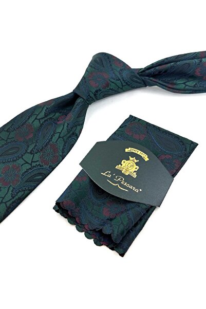 Kravatkolik Yeşil Şal Desen Mendilli Klasik Kravat KK13126