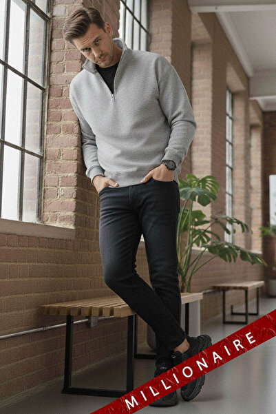 Millionaire Erkek Gri Balıkçı Yaka 3 Iplik Içi Polarlı Şardonlu Oversize Sweatshirt