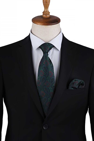 Kravatkolik Yeşil Şal Desen Mendilli Klasik Kravat KK13126