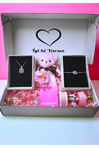 RAWEZON Pembe Elit Hediye Set -Çelik Baget Kolye-Bileklik-Ayıcık Anahtarlık-Mini Atlı Karınca-Dilek Şişesi
