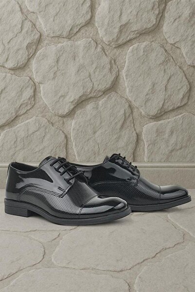 Rakerplus Pantofi clasici pentru copii Oxford cu șireturi din piele lăcuită neagră