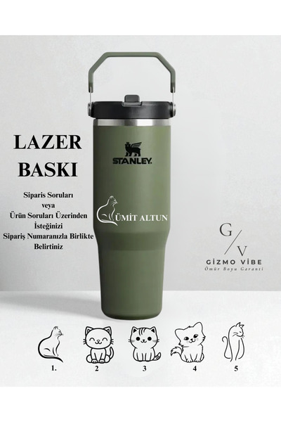 Stanley Kişiselleştirilmiş The IceFlow Flip Straw Pipetli Termos Bardak 0.89 LT İsim Baskılı Haki