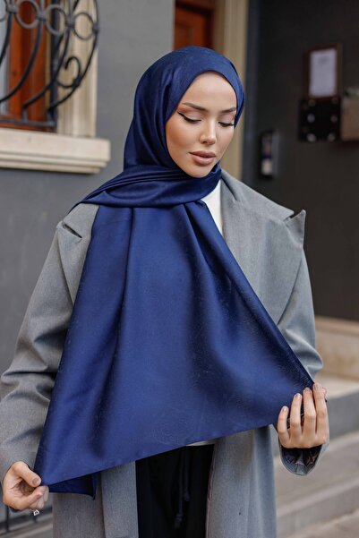 ipekistanbul Silky Double-Sided Jacquard Shawl - Mandala Pattern - Navy Blue