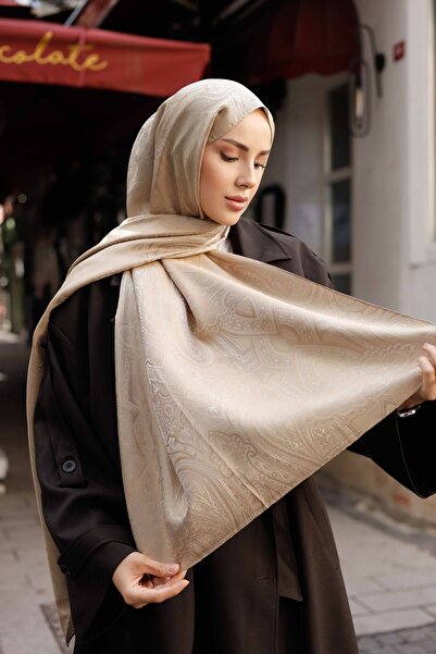 ipekistanbul Μεταξένιο ζακάρ σάλι διπλής όψης - Ινδικό σχέδιο - Γαλακτώδες καφέ