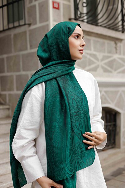 ipekistanbul Şal jacquard cu două feţe mătăsoase - indian - verde smarald