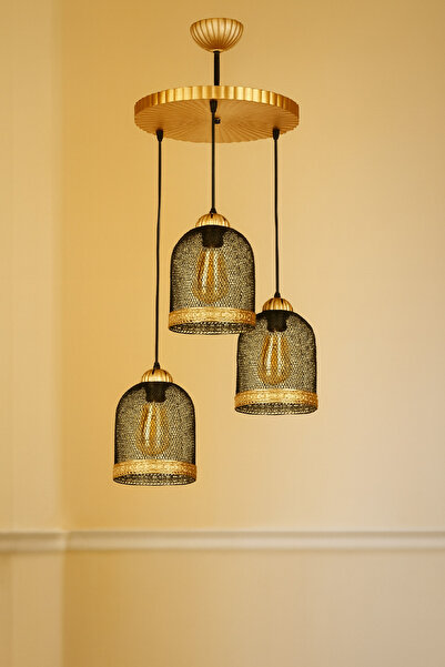 VENON Ayaz 3 Lü Sarkıt Kasa Siyah Gold Avize Sarkıt Avize Modern Avize Örgü A...