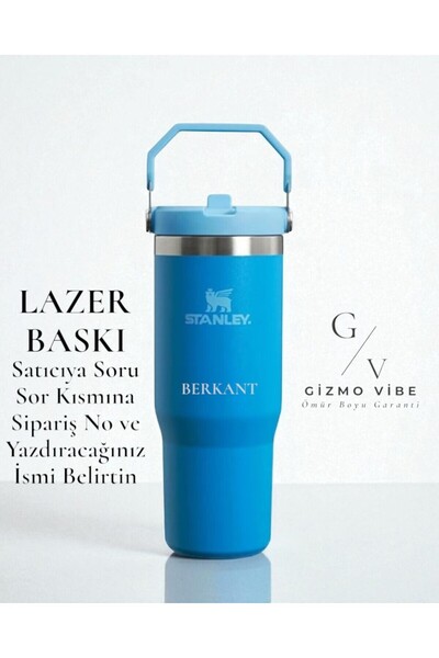 Stanley Kişiselleştirilmiş The IceFlow Flip Straw Pipetli Termos Bardak 0.89 LT İsim Baskılı Mavi
