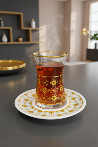 Paşabahçe Gold Yıldız Desenli 12 Parça 6 Kişilik Heybeli Çay Seti - Porselen Tabaklı 165 cc