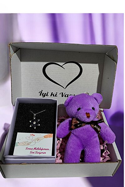 RAWEZON Çelik Mor Lotus Kolye Ve Mor Peluş Ayıcık Anahtarlık Konsept - Sevgil...