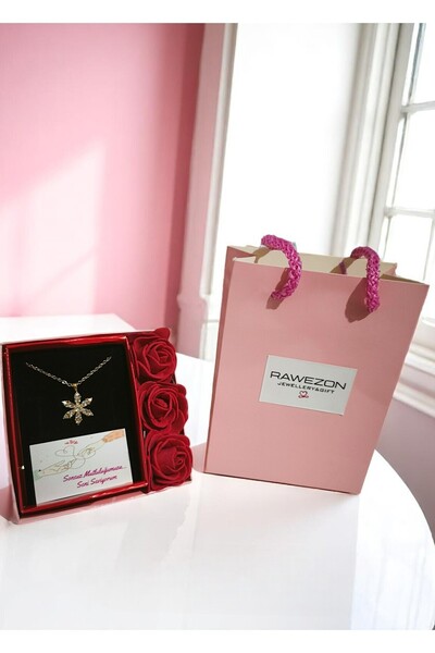 RAWEZON Gold Konsept Set- Özel Çantada Güllü Kutuda Çelik Gold Lotus Kolye-Se...